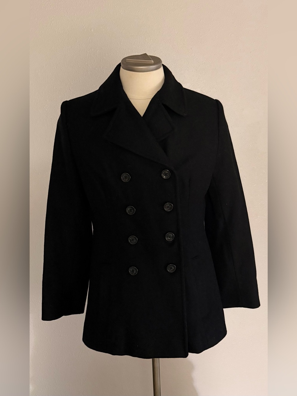Jason Kole Classic Black Double-Breasted Wool Blend Women's Pea Coat 10P
